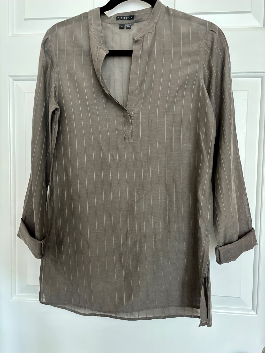 Theory Brown Stitched Pinstripe V-Neck Blouse Small
